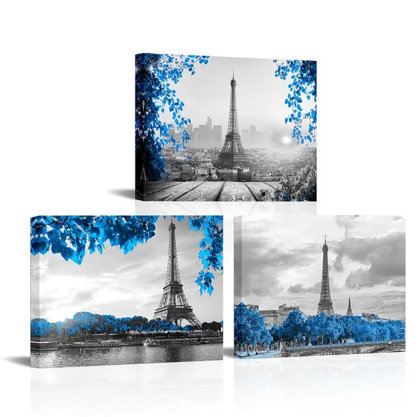 Multicolor_Eiffel_Tower_Wall_Art_Blue_Black_White_Paris_Canvas_Picture_Prints_Cityscape_Painting_Wall_Decor_Framed_12"_x16"