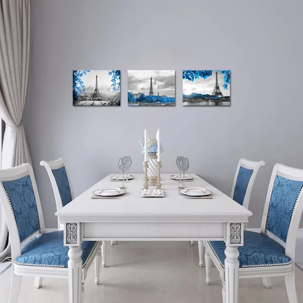 Multicolor_Eiffel_Tower_Wall_Art_Blue_Black_White_Paris_Canvas_Picture_Prints_Cityscape_Painting_Wall_Decor_Framed_12"_x16"