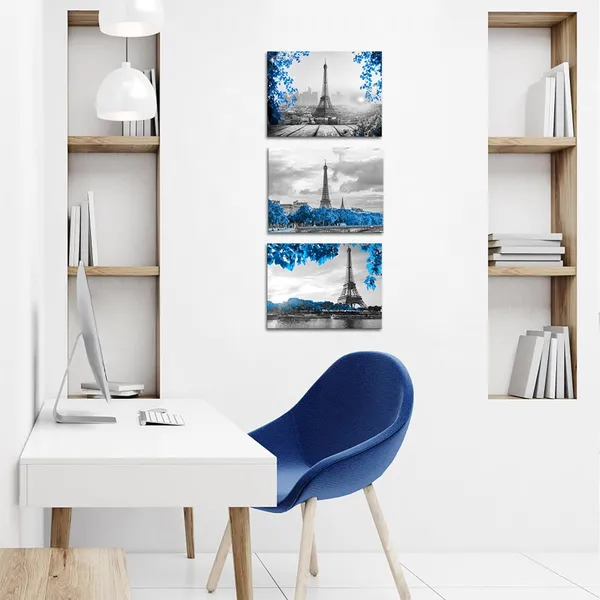 Multicolor_Eiffel_Tower_Wall_Art_Blue_Black_White_Paris_Canvas_Picture_Prints_Cityscape_Painting_Wall_Decor_Framed_12"_x16"