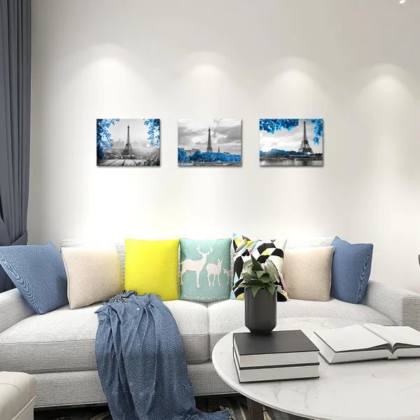 Multicolor_Eiffel_Tower_Wall_Art_Blue_Black_White_Paris_Canvas_Picture_Prints_Cityscape_Painting_Wall_Decor_Framed_12"_x16"