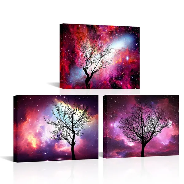 Multicolor_3_Piece_Colorful_Canvas_Wall_Art_Winter_Tree_under_Starry_Sky_Painting_Picture_Fantasy_Night_Prints_Artwork_|_For_Modern_Bedroom_Bathroom_Office_Wall_Decor_Framed_12"x16"