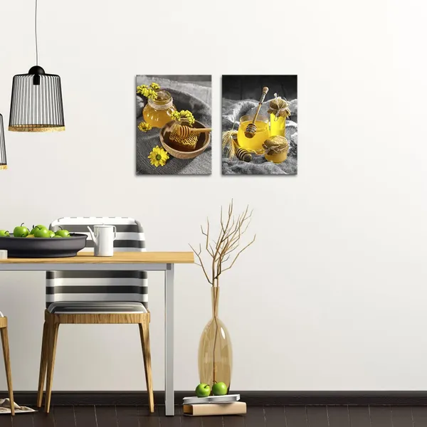 Multicolor_Grey_and_Yellow_Canvas_Wall_Art_Honey_Honeycomb_and_Daisy_Picture_Painting_Farmhouse_Kitchen_Dining_Room_Wall_Decor_Framed_12"x16"_Each_(Small)
