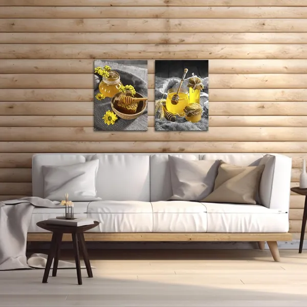 Multicolor_Grey_and_Yellow_Canvas_Wall_Art_Honey_Honeycomb_and_Daisy_Picture_Painting_Farmhouse_Kitchen_Dining_Room_Wall_Decor_Framed_12"x16"_Each_(Small)
