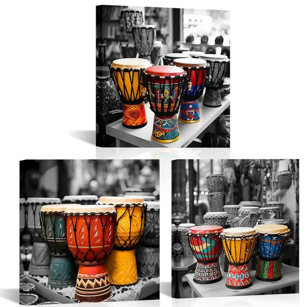 Multicolor_Ethnic_Canvas_Wall_Art_Indian_African_Djembe_Drum_Canvas_Painting_Tribal_Musical_Instruments_Picture_Prints_Framed_12"x12"