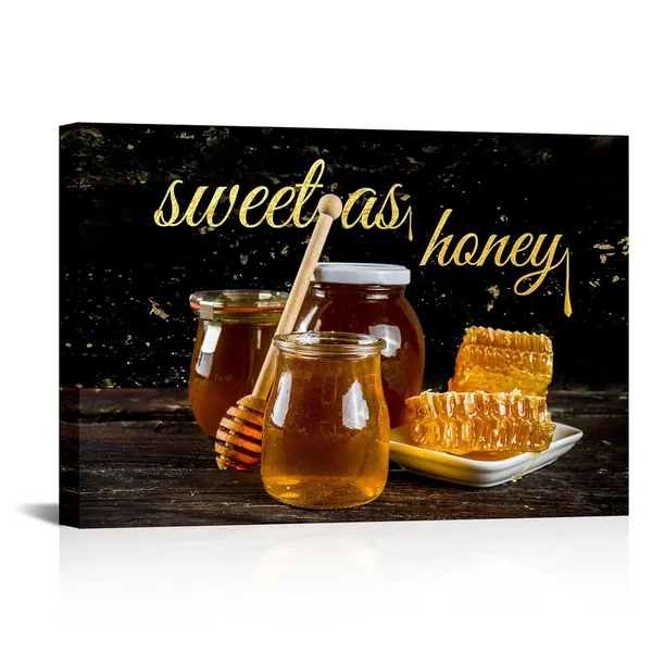 Multicolor_Honey_Canvas_Wall_Art_Honeycomb_with_Sweet_As_Honey_Sign_Wall_Decor_Black_and_Gold_Farmhouse_Kitchen_Dining_Room_Painting_Pictures_Framed_16"X24"