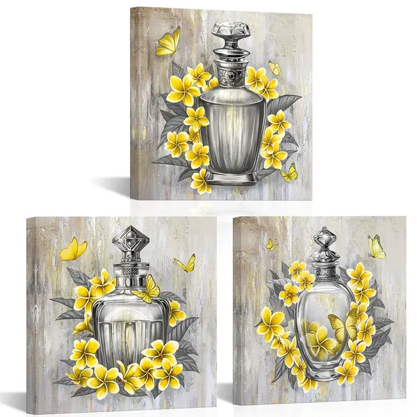 Multicolor_Gray_and_Yellow_Canvas_Art_Perfume_Bottle_and_Plumeria_Flower_Pictures_Prints_|_For_Wall_Yellow_Floral_Butterfly_Bathroom_Bedroom_Wall_Decor_Framed_12"x12"x3pcs_(Small)