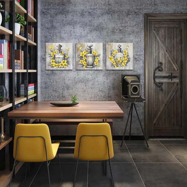 Multicolor_Gray_and_Yellow_Canvas_Art_Perfume_Bottle_and_Plumeria_Flower_Pictures_Prints_|_For_Wall_Yellow_Floral_Butterfly_Bathroom_Bedroom_Wall_Decor_Framed_12"x12"x3pcs_(Small)