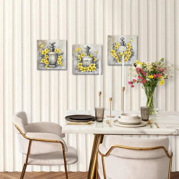 Multicolor_Gray_and_Yellow_Canvas_Art_Perfume_Bottle_and_Plumeria_Flower_Pictures_Prints_|_For_Wall_Yellow_Floral_Butterfly_Bathroom_Bedroom_Wall_Decor_Framed_12"x12"x3pcs_(Small)
