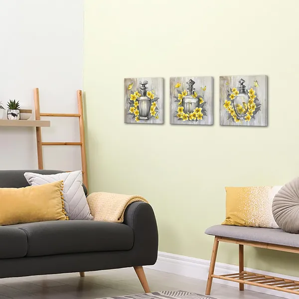 Multicolor_Gray_and_Yellow_Canvas_Art_Perfume_Bottle_and_Plumeria_Flower_Pictures_Prints_|_For_Wall_Yellow_Floral_Butterfly_Bathroom_Bedroom_Wall_Decor_Framed_12"x12"x3pcs_(Small)