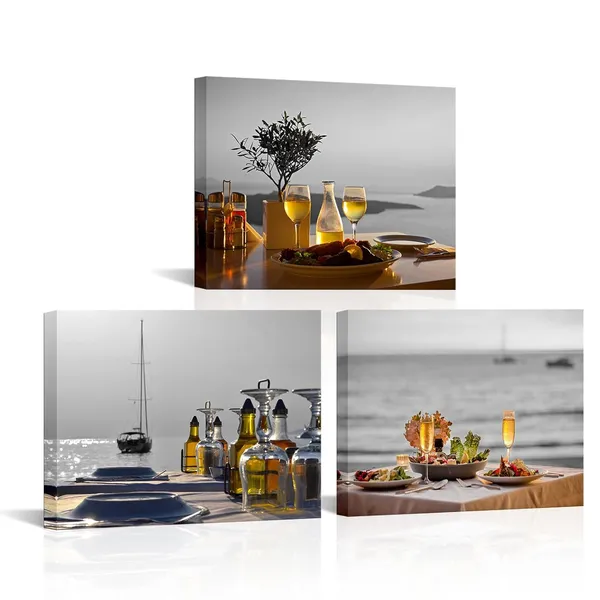 Multicolor_Mediterranean_Art_Santorini_Greece_Pictures_Printed_on_Canvas_Food_Drink_Artwork_Yellow_and_Grey_Framed_12"x16"x3pcs