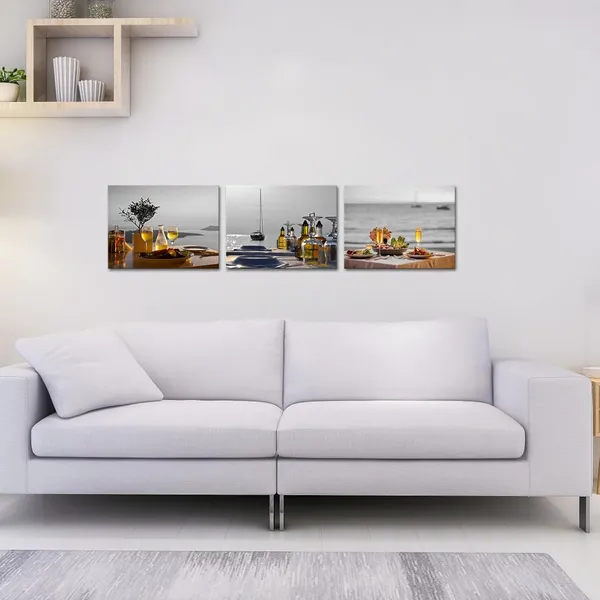 Multicolor_Mediterranean_Art_Santorini_Greece_Pictures_Printed_on_Canvas_Food_Drink_Artwork_Yellow_and_Grey_Framed_12"x16"x3pcs
