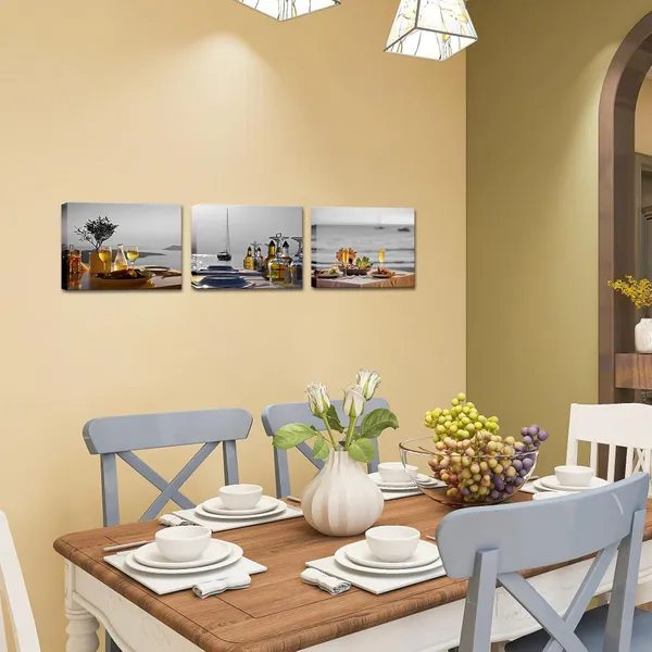 Multicolor_Mediterranean_Art_Santorini_Greece_Pictures_Printed_on_Canvas_Food_Drink_Artwork_Yellow_and_Grey_Framed_12"x16"x3pcs