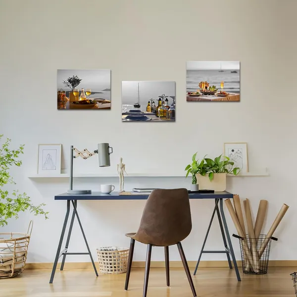 Multicolor_Mediterranean_Art_Santorini_Greece_Pictures_Printed_on_Canvas_Food_Drink_Artwork_Yellow_and_Grey_Framed_12"x16"x3pcs