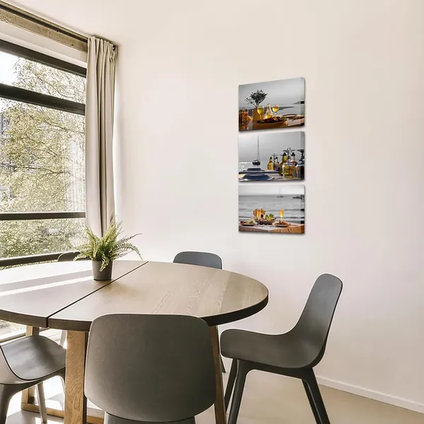 Multicolor_Mediterranean_Art_Santorini_Greece_Pictures_Printed_on_Canvas_Food_Drink_Artwork_Yellow_and_Grey_Framed_12"x16"x3pcs