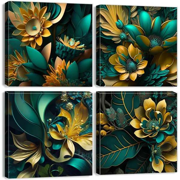 Multicolor_Emerald_Green_Leaf_Canvas_Wall_Art_Green_and_Gold_Living_Room_Decor_Green_Plant_Canvas_Pictures_Boho_Botanical_Bathroom_Wall_Decor_Green_and_Gold_Leaves_Paintings_Artwork_Home_Decorations_12x12"_4Pcs