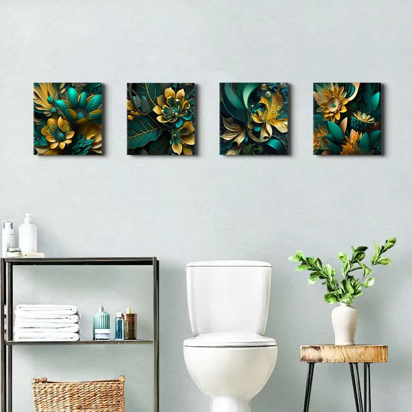 Multicolor_Emerald_Green_Leaf_Canvas_Wall_Art_Green_and_Gold_Living_Room_Decor_Green_Plant_Canvas_Pictures_Boho_Botanical_Bathroom_Wall_Decor_Green_and_Gold_Leaves_Paintings_Artwork_Home_Decorations_12x12"_4Pcs