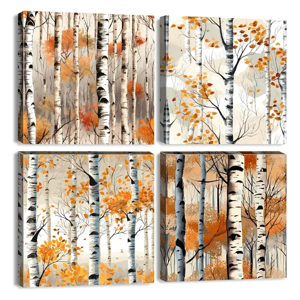 Multicolor_White_Birch_Tree_Wall_Art_Fall_|_Forest_Wall_Decor_|_For_Living_Room_Bathroom_Watercolor_Autumn_Landscape_Canvas_Posters_Nature_Scenery_Paintings_Plants_Artwork_|_For_Kitchen_Home_Decoration_12x12"_4Pcs