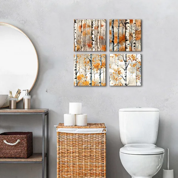 Multicolor_Fall_|_Forest_Wall_Art_White_Birch_Tree_Wall_Decor_Nature_Autumn_|_Forest_Canvas_Prints_Pictures_Watercolor_Orange_Tree_Painting_Poster_Plants_Artwork_|_For_Living_Room_Bedroom_Home_Decoration_16x16"_4Pcs