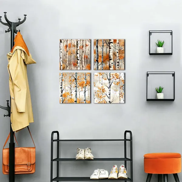 Multicolor_Fall_|_Forest_Wall_Art_White_Birch_Tree_Wall_Decor_Nature_Autumn_|_Forest_Canvas_Prints_Pictures_Watercolor_Orange_Tree_Painting_Poster_Plants_Artwork_|_For_Living_Room_Bedroom_Home_Decoration_16x16"_4Pcs