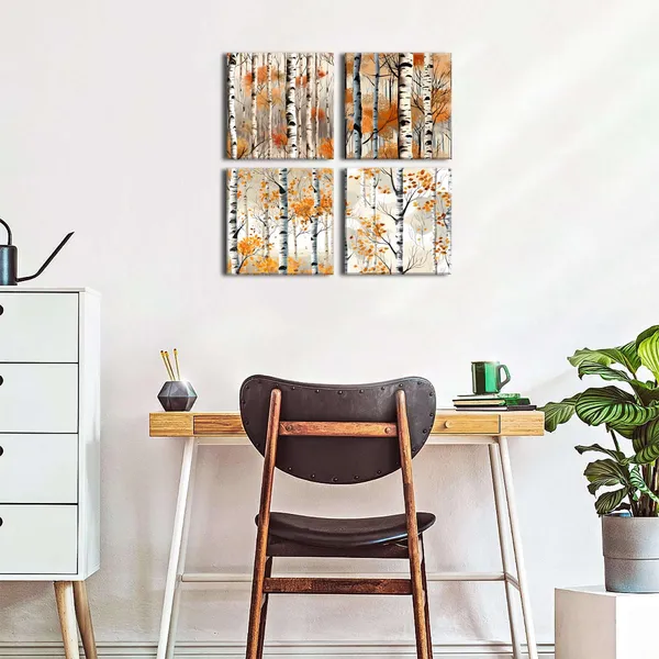 Multicolor_Fall_|_Forest_Wall_Art_White_Birch_Tree_Wall_Decor_Nature_Autumn_|_Forest_Canvas_Prints_Pictures_Watercolor_Orange_Tree_Painting_Poster_Plants_Artwork_|_For_Living_Room_Bedroom_Home_Decoration_16x16"_4Pcs