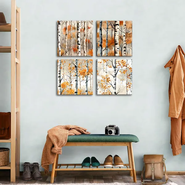 Multicolor_Fall_|_Forest_Wall_Art_White_Birch_Tree_Wall_Decor_Nature_Autumn_|_Forest_Canvas_Prints_Pictures_Watercolor_Orange_Tree_Painting_Poster_Plants_Artwork_|_For_Living_Room_Bedroom_Home_Decoration_16x16"_4Pcs
