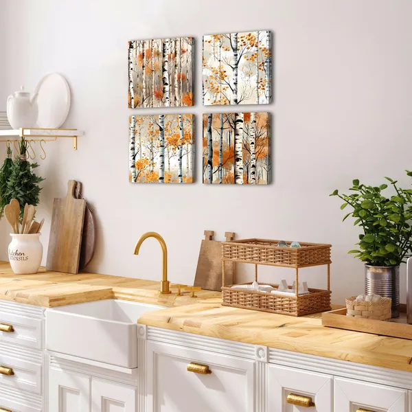 Multicolor_Fall_|_Forest_Wall_Art_White_Birch_Tree_Wall_Decor_Nature_Autumn_|_Forest_Canvas_Prints_Pictures_Watercolor_Orange_Tree_Painting_Poster_Plants_Artwork_|_For_Living_Room_Bedroom_Home_Decoration_16x16"_4Pcs