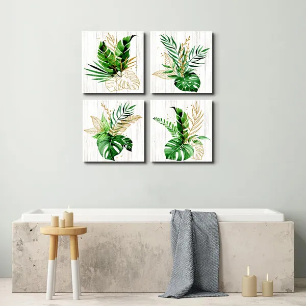 Multicolor_Tropical_Leaf_Canvas_Wall_Art_Green_and_Gold_Wall_Decor_Boho_Botanical_Bathroom_Decor_Green_Plant_Canvas_Pictures_Gold_Leaves_Paintings_Modern_Artwork_|_For_Living_Room_Home_Decorations_20x20"_4Pcs