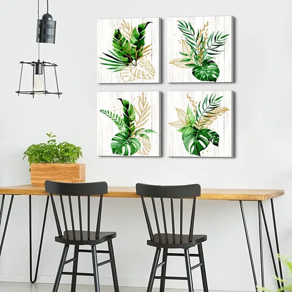 Multicolor_Tropical_Leaf_Canvas_Wall_Art_Green_and_Gold_Wall_Decor_Boho_Botanical_Bathroom_Decor_Green_Plant_Canvas_Pictures_Gold_Leaves_Paintings_Modern_Artwork_|_For_Living_Room_Home_Decorations_20x20"_4Pcs