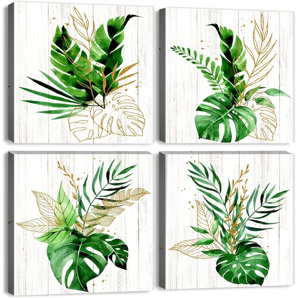 Multicolor_Tropical_Leaf_Canvas_Wall_Art_Green_and_Gold_Wall_Decor_Boho_Botanical_Bathroom_Decor_Green_Plant_Canvas_Pictures_Gold_Leaves_Paintings_Modern_Artwork_|_For_Living_Room_Home_Decorations_20x20"_4Pcs