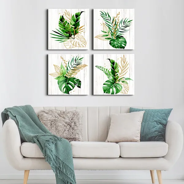 Multicolor_Tropical_Leaf_Canvas_Wall_Art_Green_and_Gold_Wall_Decor_Boho_Botanical_Bathroom_Decor_Green_Plant_Canvas_Pictures_Gold_Leaves_Paintings_Modern_Artwork_|_For_Living_Room_Home_Decorations_20x20"_4Pcs