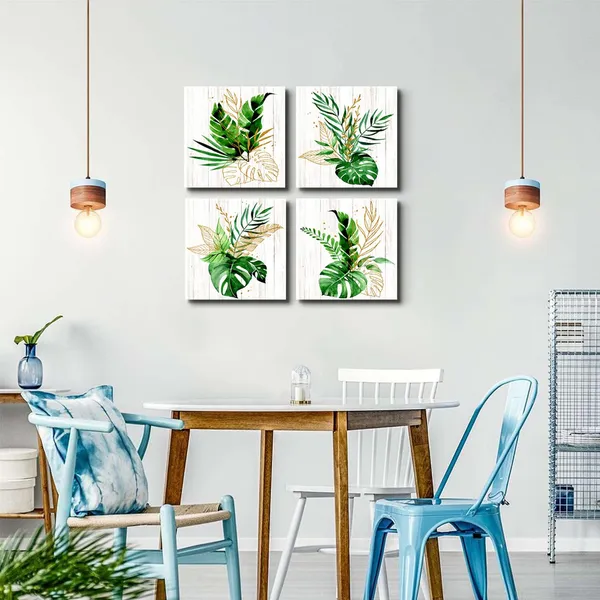 Multicolor_Tropical_Leaf_Canvas_Wall_Art_Green_and_Gold_Wall_Decor_Boho_Botanical_Bathroom_Decor_Green_Plant_Canvas_Pictures_Gold_Leaves_Paintings_Modern_Artwork_|_For_Living_Room_Home_Decorations_20x20"_4Pcs