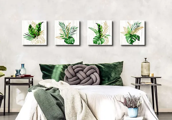 Multicolor_Tropical_Leaf_Canvas_Wall_Art_Green_and_Gold_Wall_Decor_Boho_Botanical_Bathroom_Decor_Green_Plant_Canvas_Pictures_Gold_Leaves_Paintings_Modern_Artwork_|_For_Living_Room_Home_Decorations_20x20"_4Pcs
