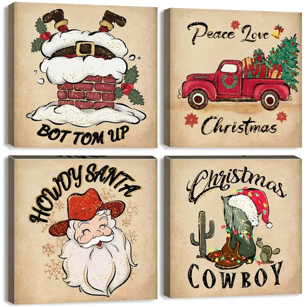 Multicolor_Christmas_Canvas_Wall_Art_Retro_Christmas_Pictures_12x12??Red_Truck_Decor_Funny_Santa_Claus_Tree_Snow_House_Painting_Prints_Posters_Holiday_Decoration_Gifts_|_For_Bedroom_Living_Room_Artwork_4_Pcs