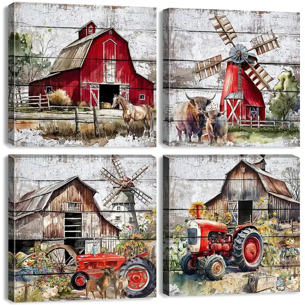 Multicolor_Rustic_Farmhouse_Wall_Art_Red_Barn_Pictures_Country_Kitchen_Decor_Abstract_Farm_Animals_Cow_Canvas_Prints_Windmills_Truck_Painting_Artwork_|_For_Living_Room_Home_Decorations_12x12"_4Pcs_Christmas_Gifts