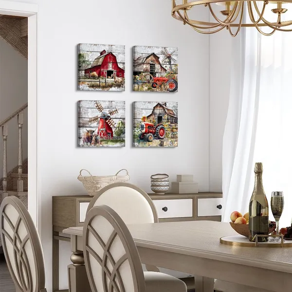 Multicolor_Rustic_Farmhouse_Wall_Art_Red_Barn_Pictures_Country_Kitchen_Decor_Abstract_Farm_Animals_Cow_Canvas_Prints_Windmills_Truck_Painting_Artwork_|_For_Living_Room_Home_Decorations_12x12"_4Pcs_Christmas_Gifts
