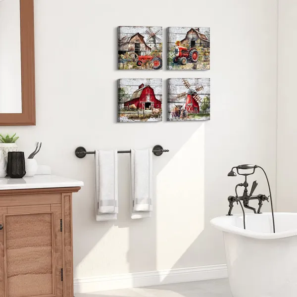 Multicolor_Rustic_Farmhouse_Wall_Art_Red_Barn_Pictures_Country_Kitchen_Decor_Abstract_Farm_Animals_Cow_Canvas_Prints_Windmills_Truck_Painting_Artwork_|_For_Living_Room_Home_Decorations_12x12"_4Pcs_Christmas_Gifts