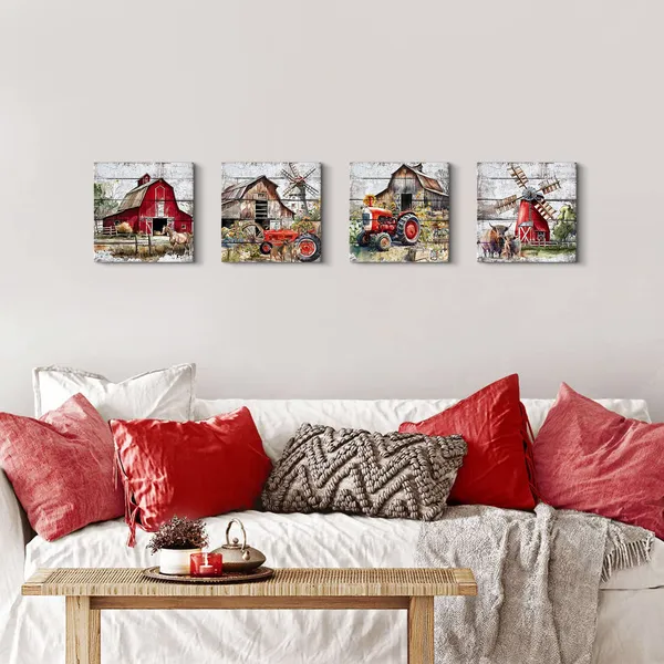 Multicolor_Rustic_Farmhouse_Wall_Art_Red_Barn_Pictures_Country_Kitchen_Decor_Abstract_Farm_Animals_Cow_Canvas_Prints_Windmills_Truck_Painting_Artwork_|_For_Living_Room_Home_Decorations_12x12"_4Pcs_Christmas_Gifts