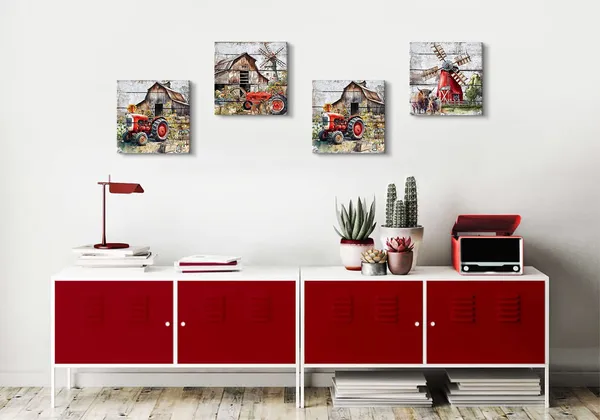 Multicolor_Rustic_Farmhouse_Wall_Art_Red_Barn_Pictures_Country_Kitchen_Decor_Abstract_Farm_Animals_Cow_Canvas_Prints_Windmills_Truck_Painting_Artwork_|_For_Living_Room_Home_Decorations_12x12"_4Pcs_Christmas_Gifts