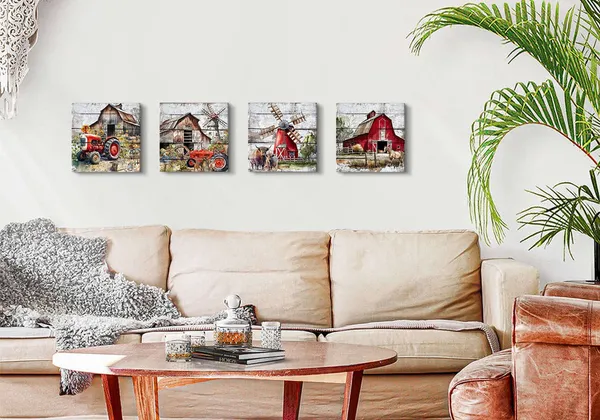 Multicolor_Rustic_Farmhouse_Wall_Art_Red_Barn_Pictures_Country_Kitchen_Decor_Abstract_Farm_Animals_Cow_Canvas_Prints_Windmills_Truck_Painting_Artwork_|_For_Living_Room_Home_Decorations_12x12"_4Pcs_Christmas_Gifts