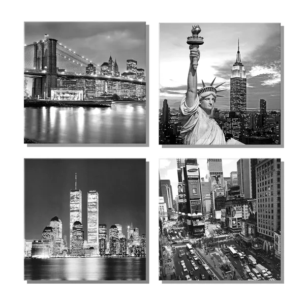 Multicolor_New_York_City_Canvas_Art_Black_and_White_Brooklyn_Bridge_Statue_of_Liberty_Empire_State_Building_Contemporary_Decorations_|_For_Living_Room_Office_Bedroom_Home_Decor(12"x_12"x_4pcs_Framed)