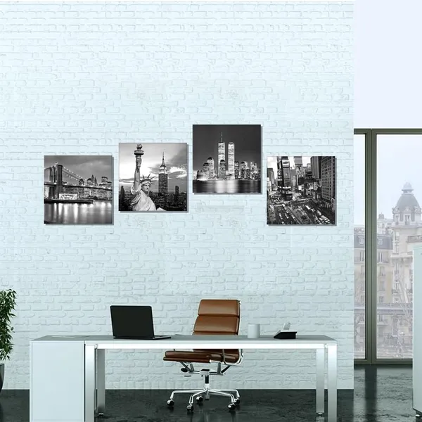 Multicolor_New_York_City_Canvas_Art_Black_and_White_Brooklyn_Bridge_Statue_of_Liberty_Empire_State_Building_Contemporary_Decorations_|_For_Living_Room_Office_Bedroom_Home_Decor(12"x_12"x_4pcs_Framed)