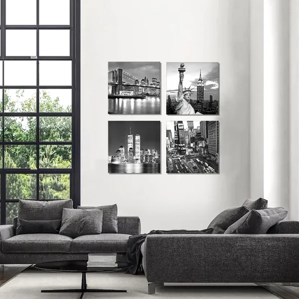 Multicolor_New_York_City_Canvas_Art_Black_and_White_Brooklyn_Bridge_Statue_of_Liberty_Empire_State_Building_Contemporary_Decorations_|_For_Living_Room_Office_Bedroom_Home_Decor(12"x_12"x_4pcs_Framed)