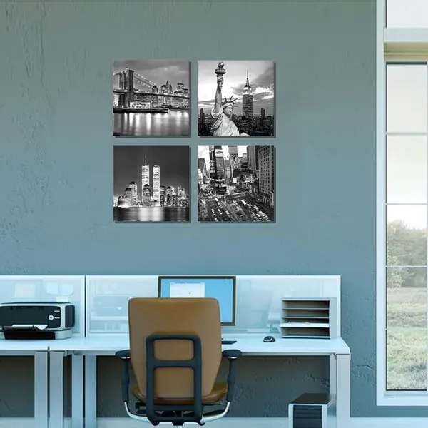 Multicolor_New_York_City_Canvas_Art_Black_and_White_Brooklyn_Bridge_Statue_of_Liberty_Empire_State_Building_Contemporary_Decorations_|_For_Living_Room_Office_Bedroom_Home_Decor(12"x_12"x_4pcs_Framed)
