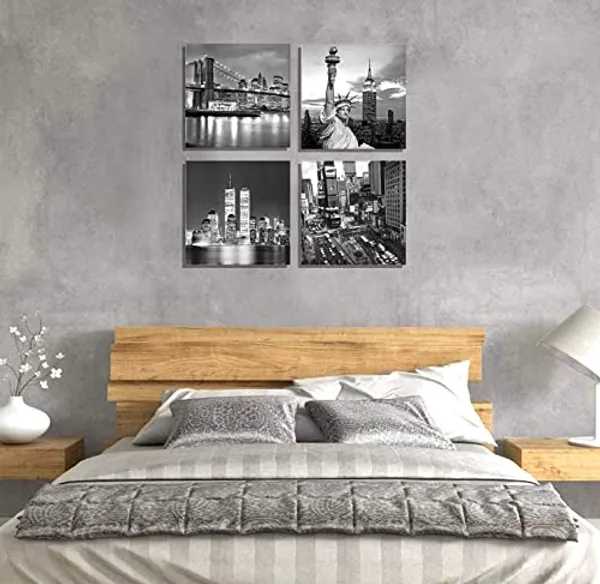 Multicolor_New_York_City_Canvas_Art_Black_and_White_Brooklyn_Bridge_Statue_of_Liberty_Empire_State_Building_Contemporary_Decorations_|_For_Living_Room_Office_Bedroom_Home_Decor(12"x_12"x_4pcs_Framed)
