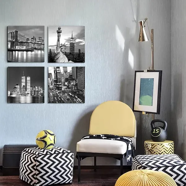Multicolor_New_York_City_Canvas_Art_Black_and_White_Brooklyn_Bridge_Statue_of_Liberty_Empire_State_Building_Contemporary_Decorations_|_For_Living_Room_Office_Bedroom_Home_Decor(12"x_12"x_4pcs_Framed)