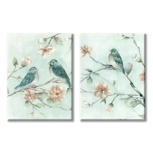 Multicolor_Art_Bird_Pictures_Wall_Art_Canvas:_Gold_Foils_and_Heavy_Texture_Beautiful_Birds_on_Branch_Picture_Pink_Flower_|_For_Bedroom(18"x24"x2Panels)