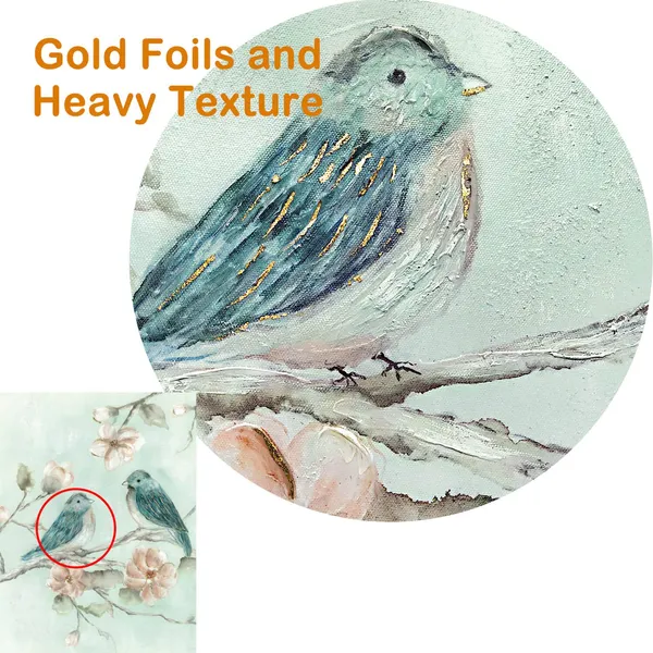 Multicolor_Art_Bird_Pictures_Wall_Art_Canvas:_Gold_Foils_and_Heavy_Texture_Beautiful_Birds_on_Branch_Picture_Pink_Flower_|_For_Bedroom(18"x24"x2Panels)