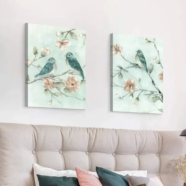 Multicolor_Art_Bird_Pictures_Wall_Art_Canvas:_Gold_Foils_and_Heavy_Texture_Beautiful_Birds_on_Branch_Picture_Pink_Flower_|_For_Bedroom(18"x24"x2Panels)