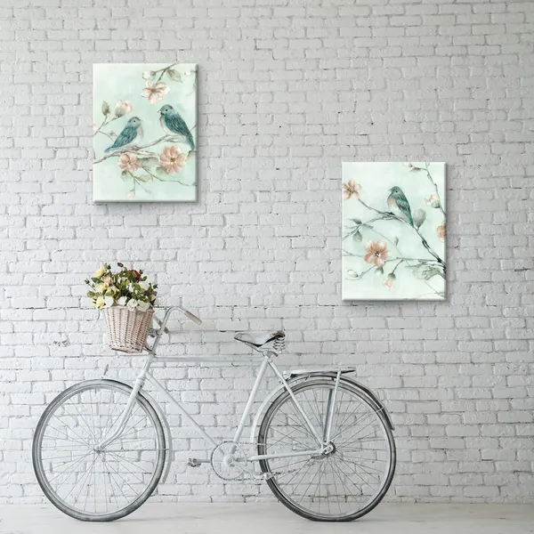 Multicolor_Art_Bird_Pictures_Wall_Art_Canvas:_Gold_Foils_and_Heavy_Texture_Beautiful_Birds_on_Branch_Picture_Pink_Flower_|_For_Bedroom(18"x24"x2Panels)
