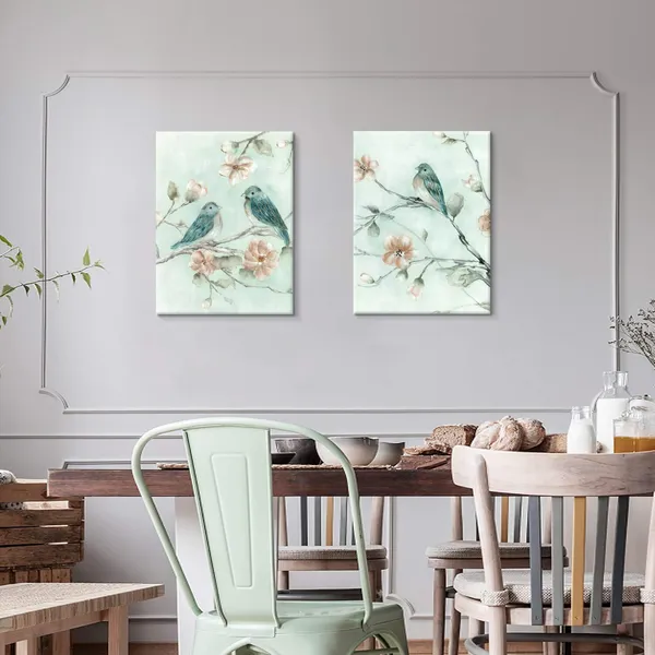 Multicolor_Art_Bird_Pictures_Wall_Art_Canvas:_Gold_Foils_and_Heavy_Texture_Beautiful_Birds_on_Branch_Picture_Pink_Flower_|_For_Bedroom(18"x24"x2Panels)
